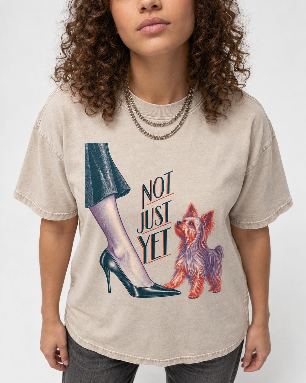 Not Just Yet Yorkshire Terrier Washed Tee in Apricot, worn by a model, front view