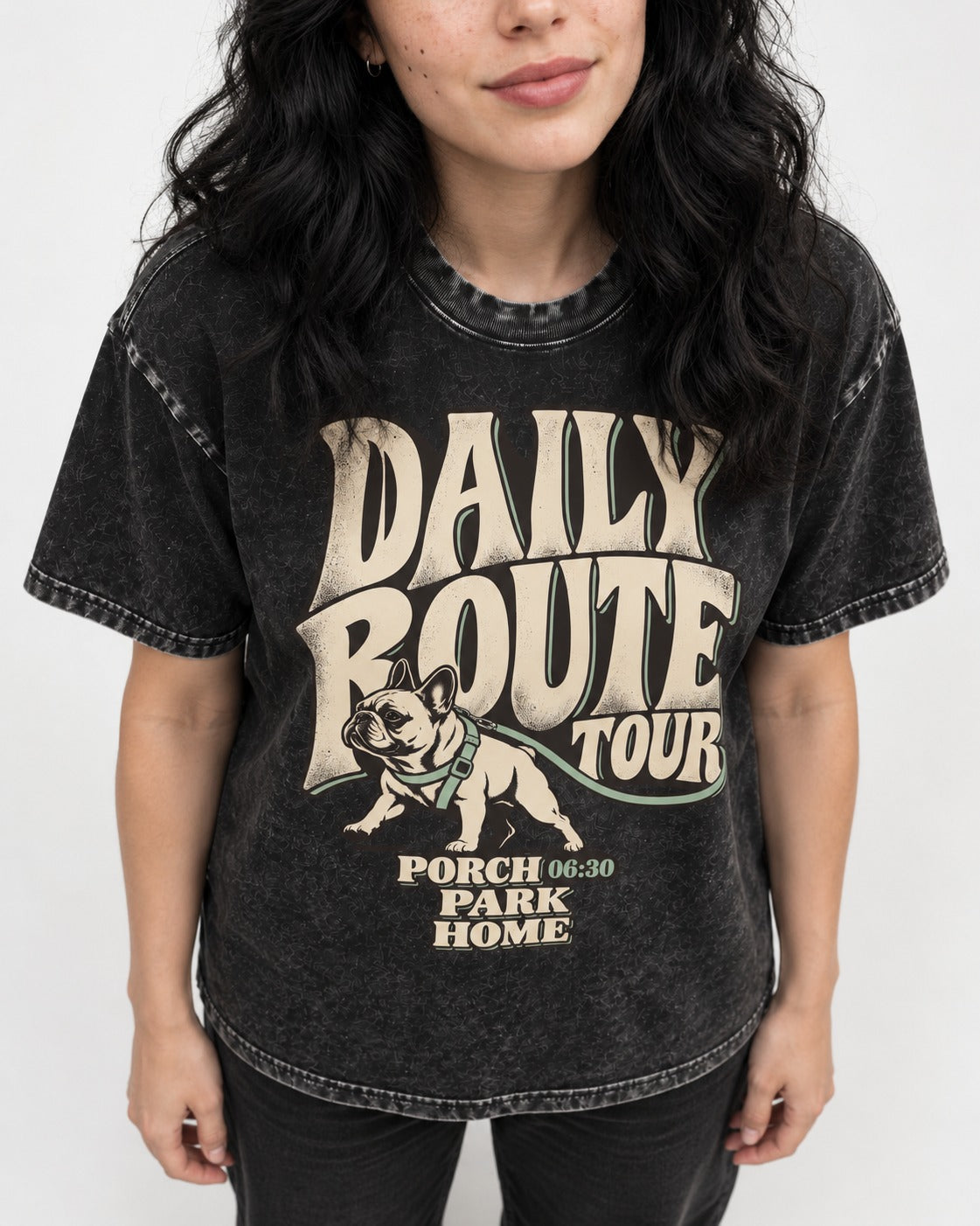 Frenchie Daily Route Tour Graphic Washed Tee in Black, worn by a model, front view
