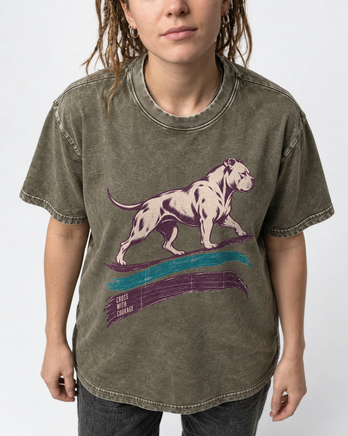 Pitbull Cross with Courage Brushstroke Graphic Washed Tee in Army Green, worn by a model, front view