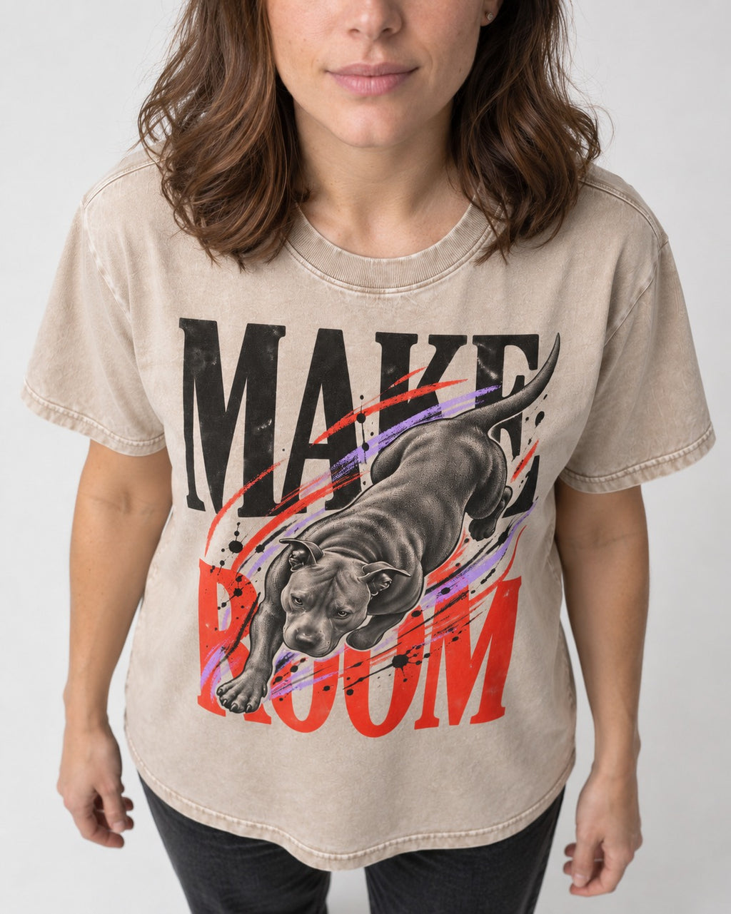 Make Room for Pitbull Washed Tee in Apricot, worn by a model, front view