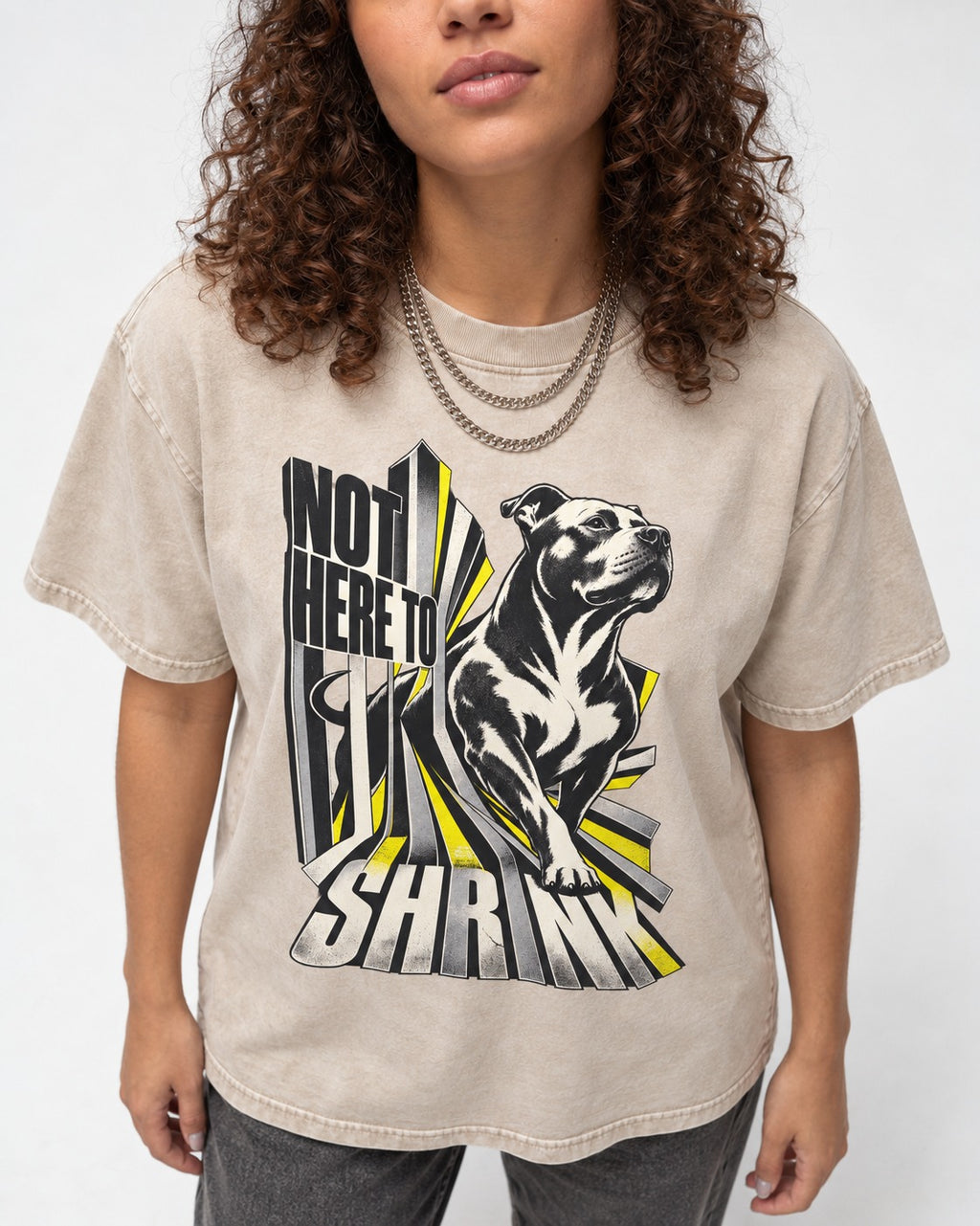Not Here to Share Pitbull Washed Tee in Apricot, worn by a model, front view