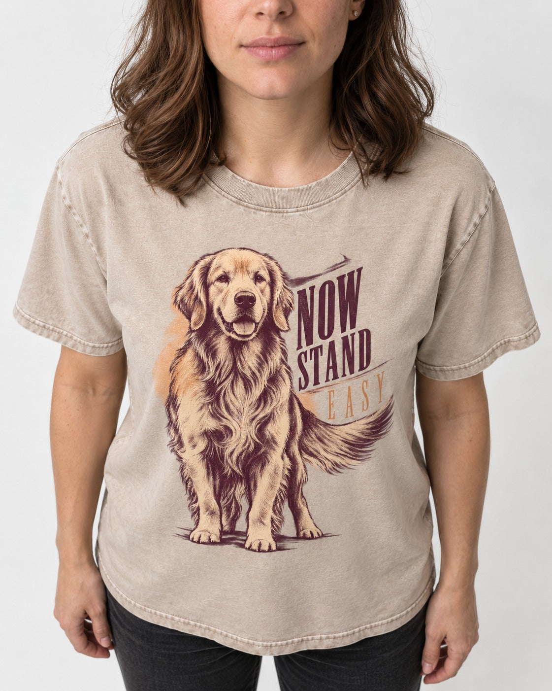 Now Stand Easy Golden Retriever Washed Tee in Apricot, worn by a model, front view