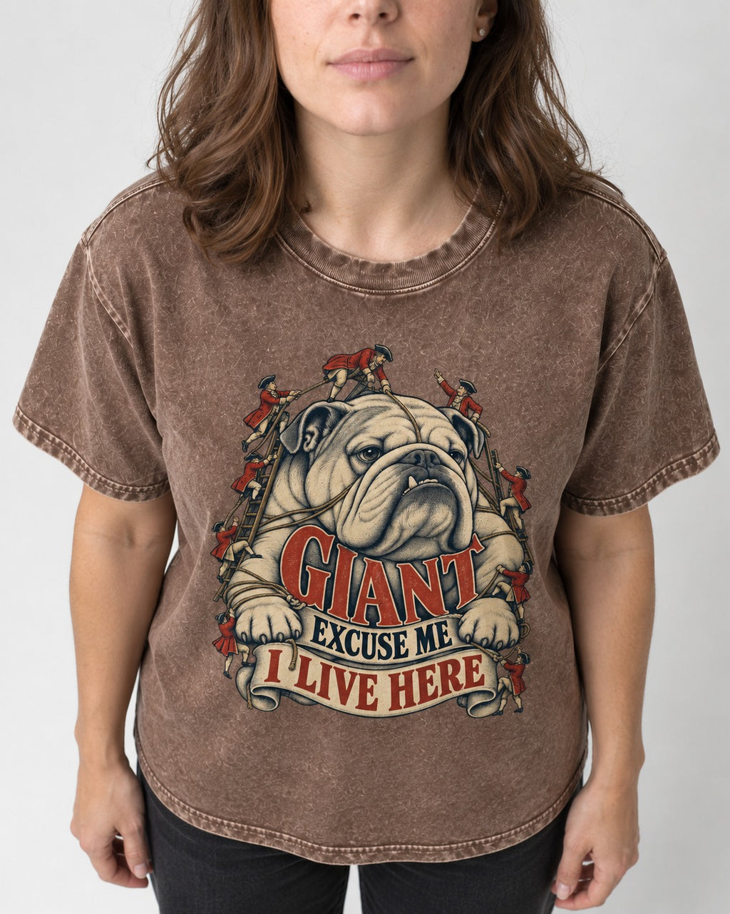 English Bulldog I Live Here Washed Tee in Coffee, worn by a model, front view