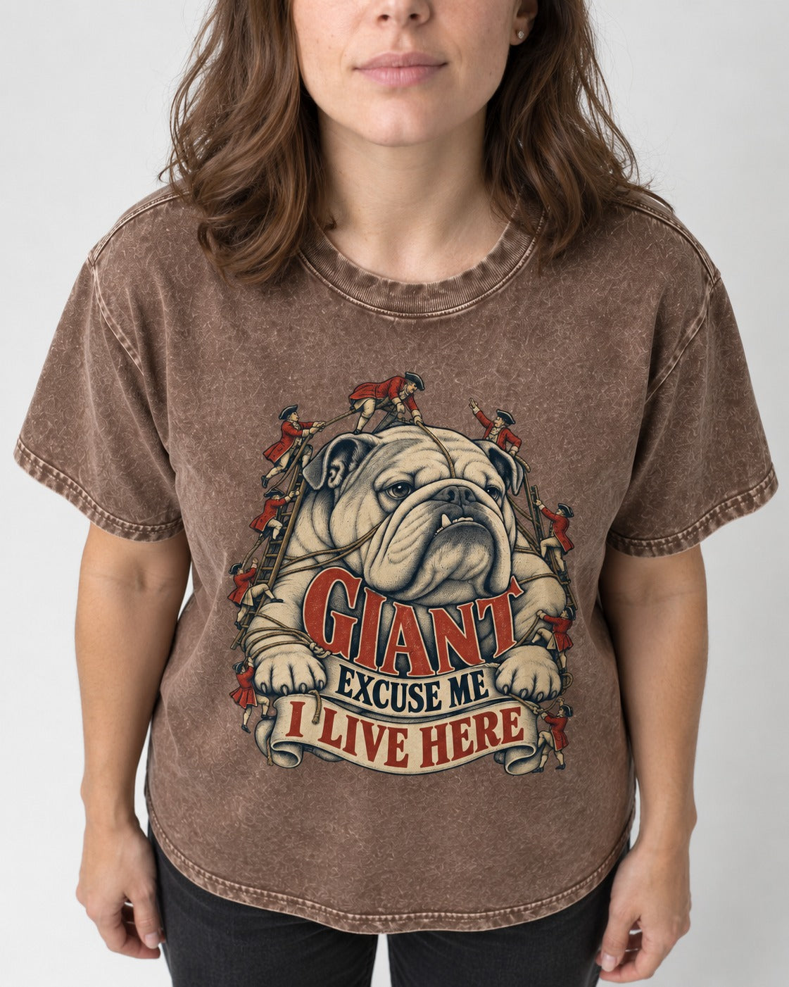 English Bulldog I Live Here Washed Tee in Coffee, worn by a model, front view