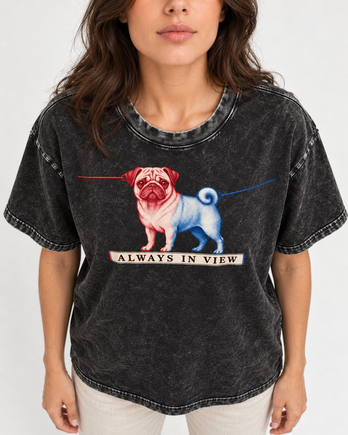 Pug Always in View Split Leash Graphic Washed Tee in Black, worn by a model, front view