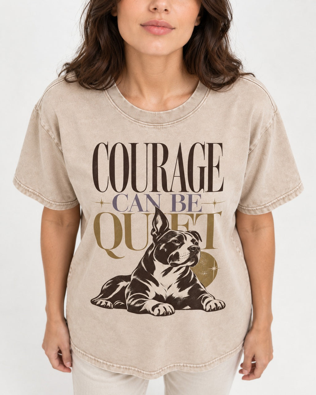 Pitbull Courage Can Be Quiet Washed Tee in Apricot, worn by a model, front view