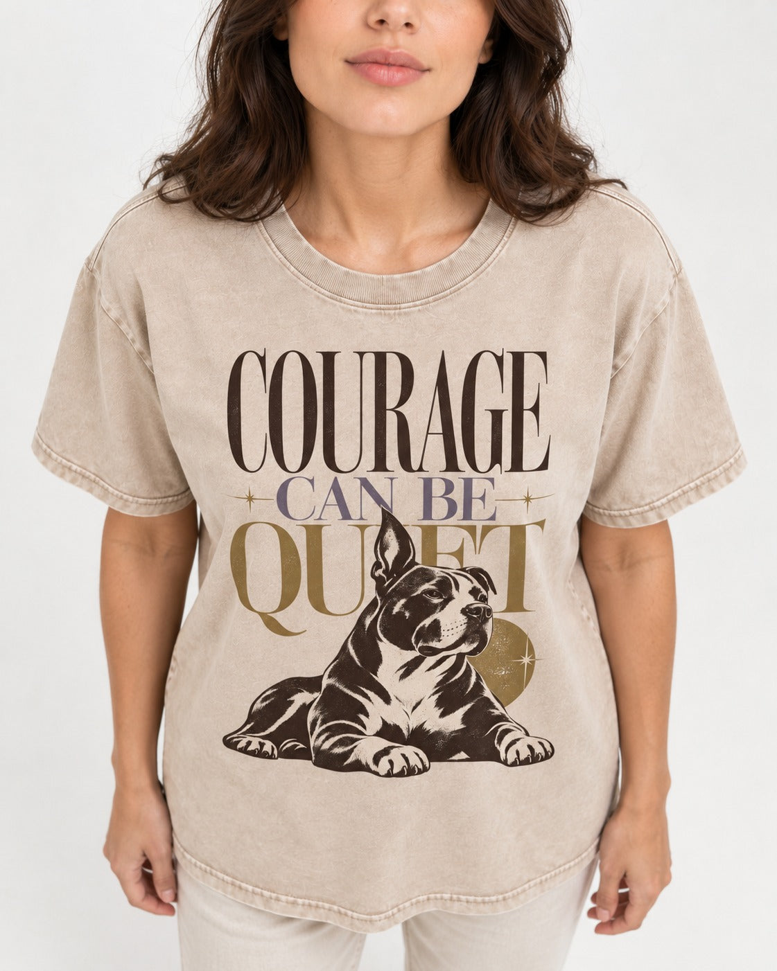 Pitbull Courage Can Be Quiet Washed Tee in Apricot, worn by a model, front view