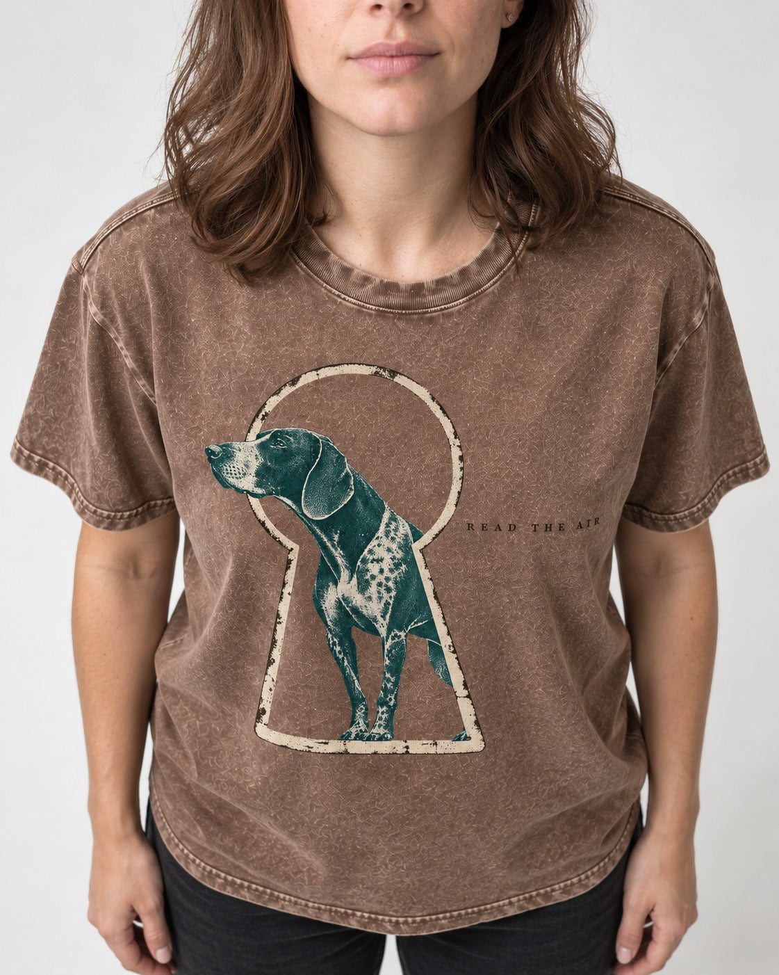 Read the Air German Shorthaired Pointer Washed Tee in Coffee, worn by a model, front view