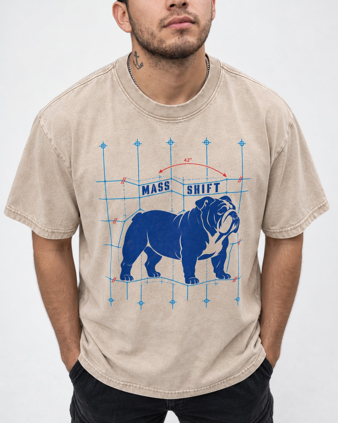 Mass Shift English Bulldog Washed Tee in Apricot, worn by a model, front view
