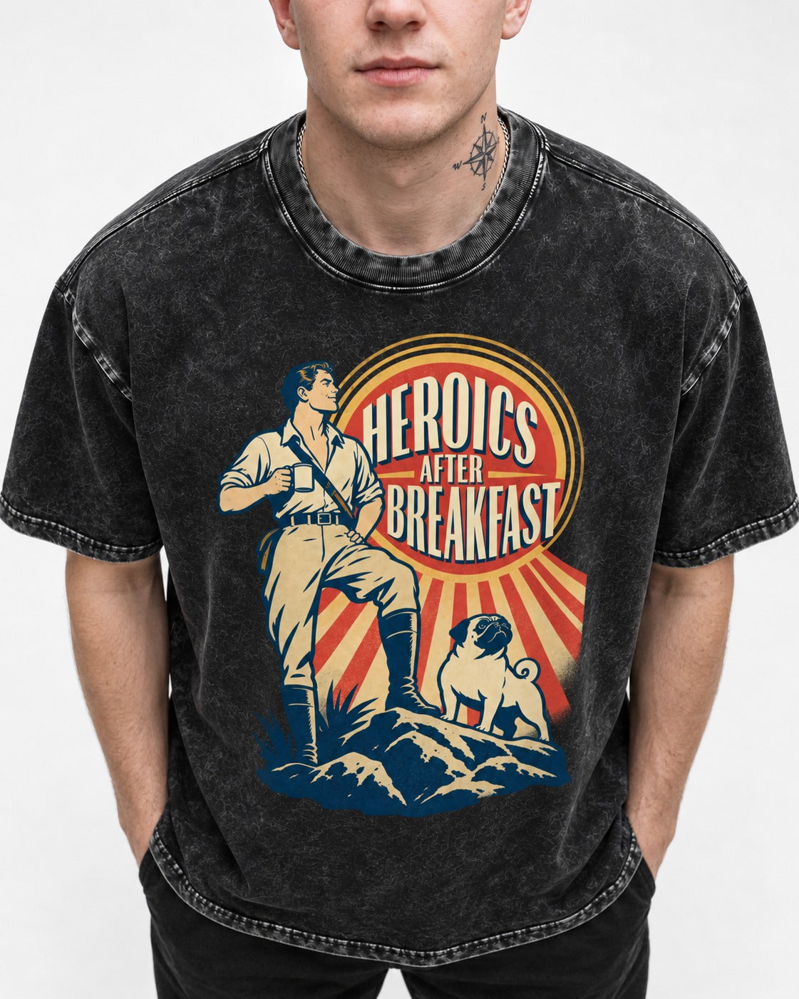 Pug Heroics After Breakfast Adventure Graphic Washed Tee in Black, worn by a model, front view