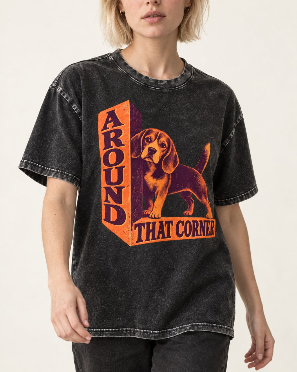 Beagle Around That Corner Graphic Washed Tee in Black, worn by a model, front view