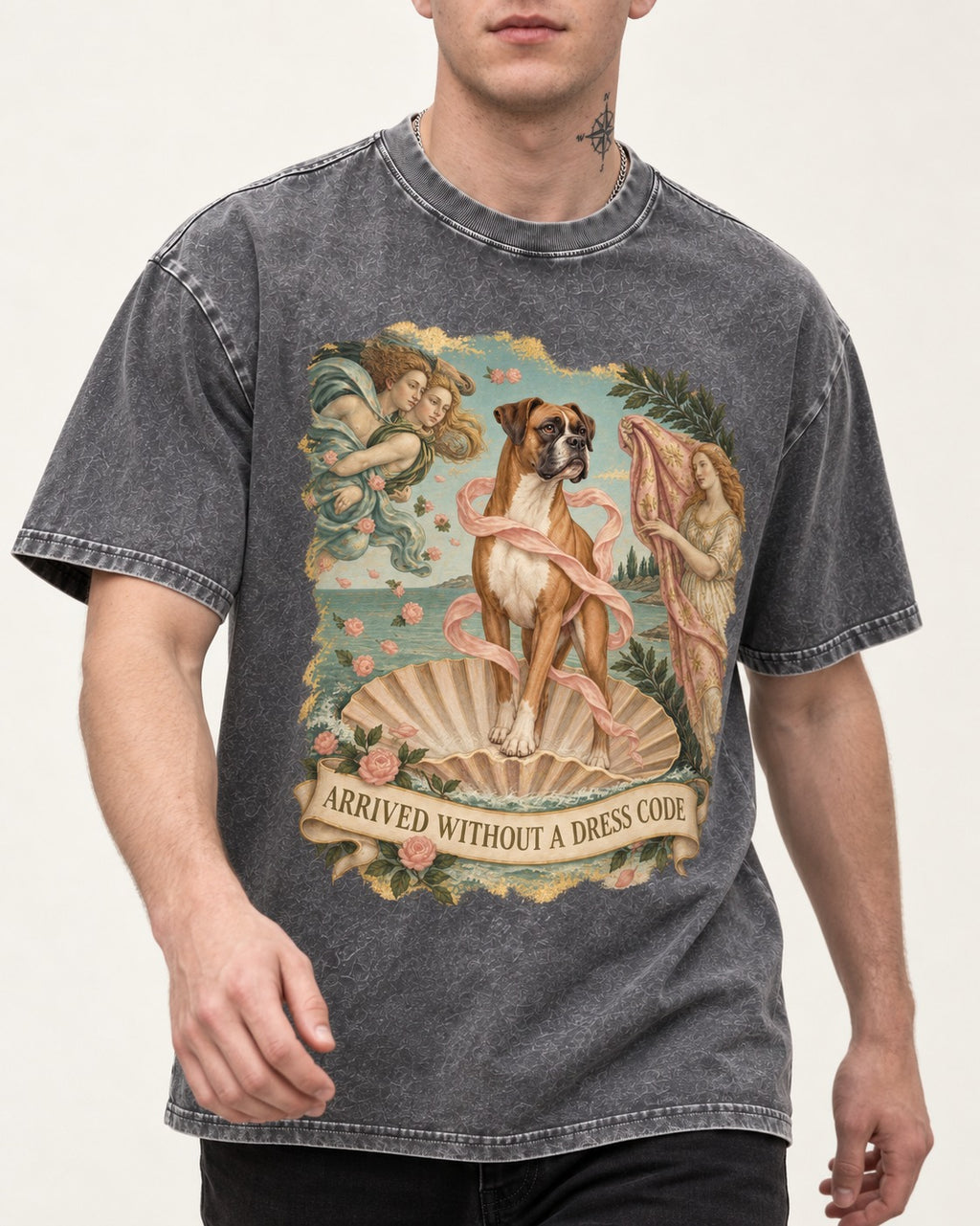 Arrived Without a Dress Code Boxer Classical Collage Washed Tee in Gray, worn by a model, front view