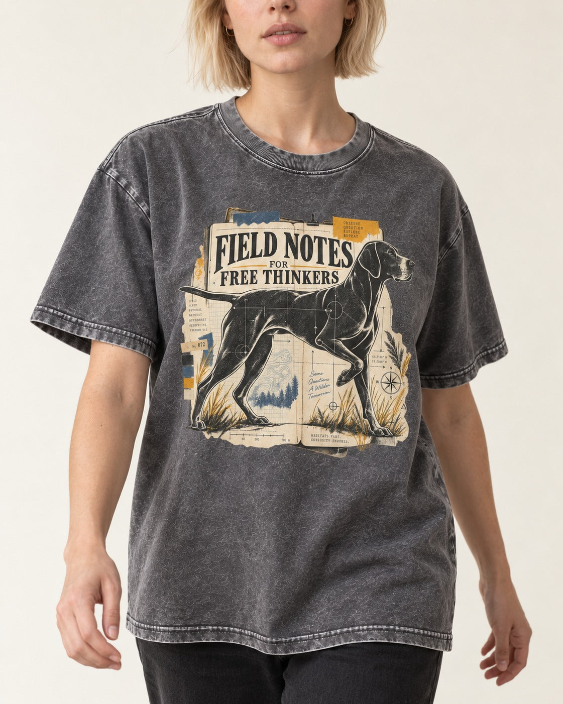 Field Notes for Free Thinkers Collage German Shorthaired Pointer Graphic Washed Tee in Gray, worn by a model, front view