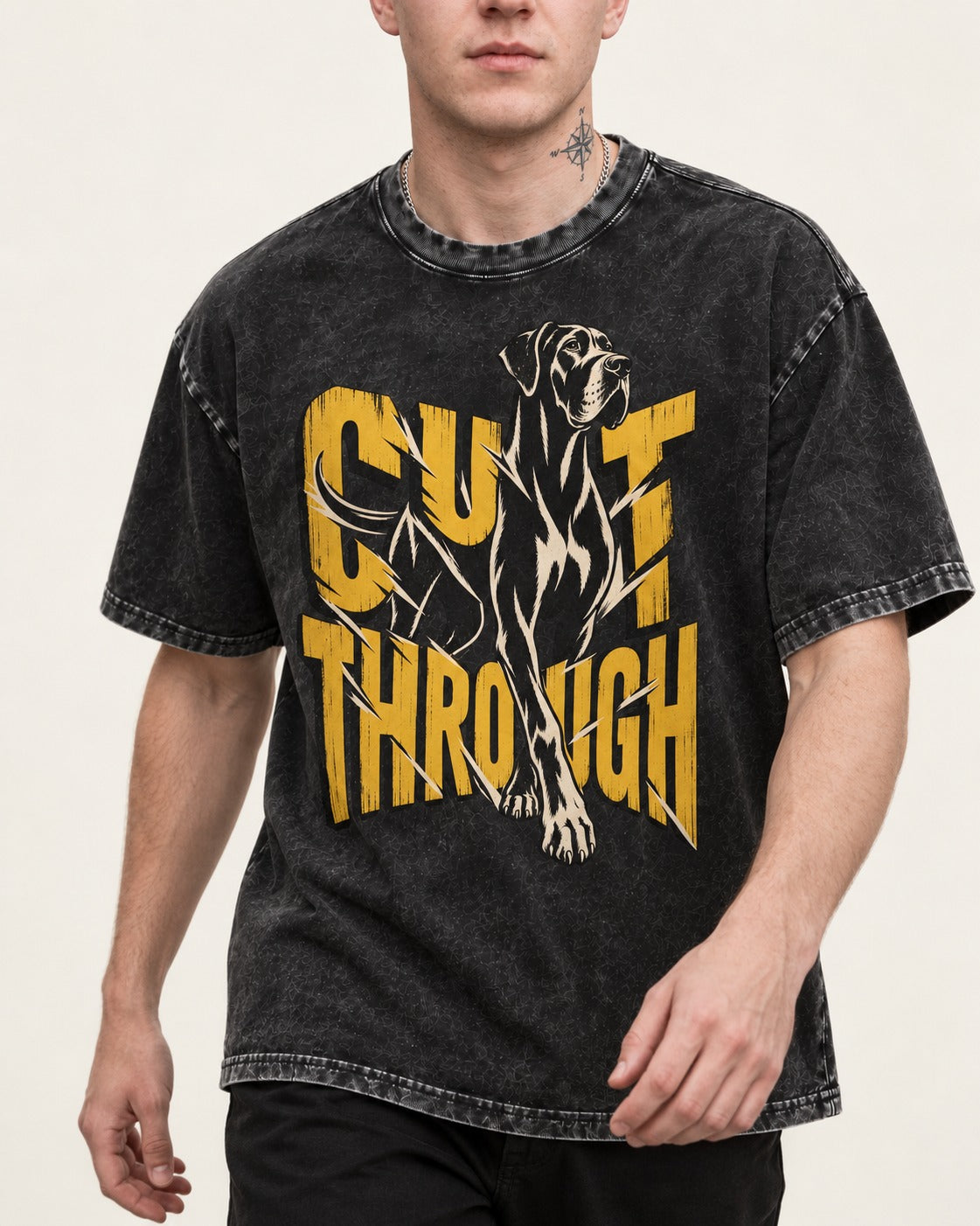 Great Dane Cut Through Breaking Type Graphic Washed Tee in Black, worn by a model, front view