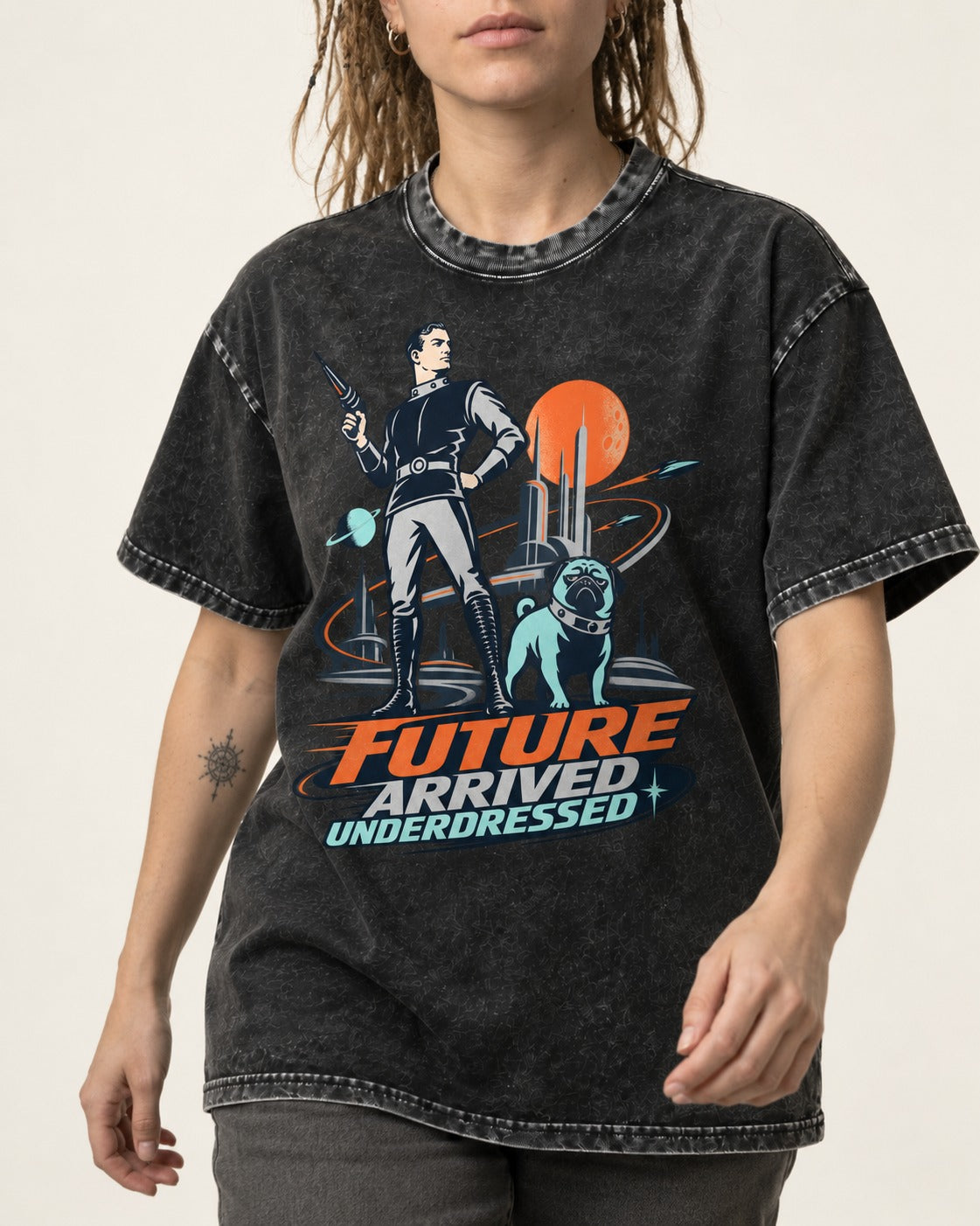 Pug Future Arrived Underdressed Space Hero Graphic Washed Tee in Black, worn by a model, front view
