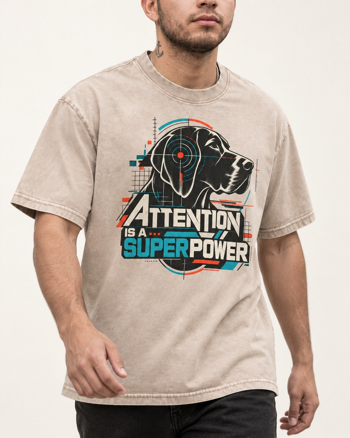 German Shorthaired Pointer Attention Is a Superpower Washed Tee in Apricot, worn by a model, front view