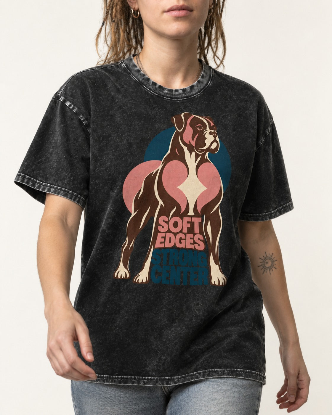 Boxer Soft Edges Strong Center Washed Tee in Black, worn by a model, front view
