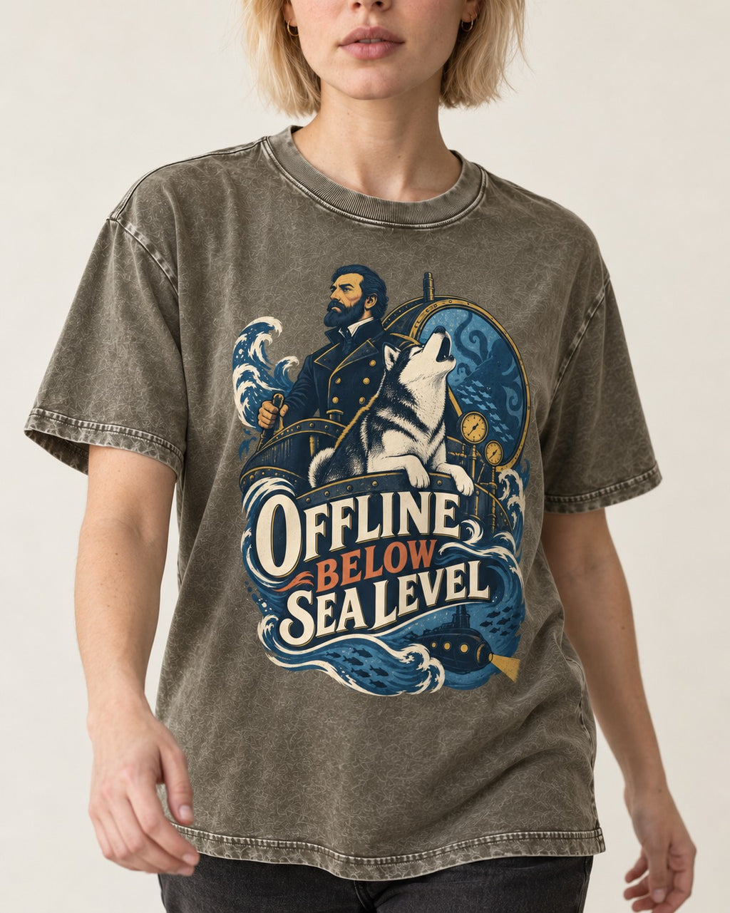 Husky Offline Below Sea Level Nautical Submarine Graphic Washed Tee in Army Green, worn by a model, front view