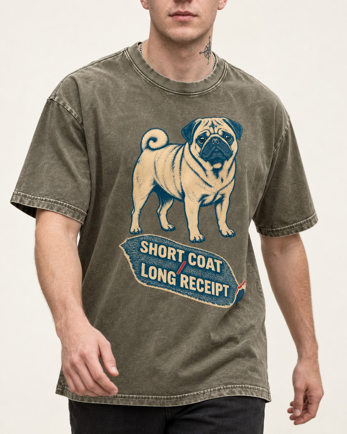 Pug Short Coat Long Receipt Graphic Washed Tee in Army Green, worn by a model, front view