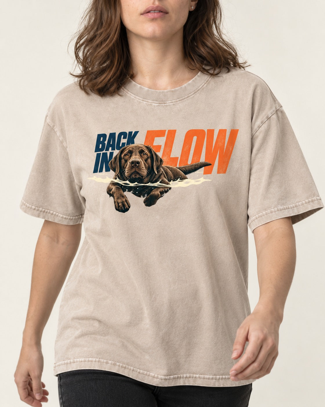 Labrador Retriever Back in Flow Washed Tee in Apricot, worn by a model, front view