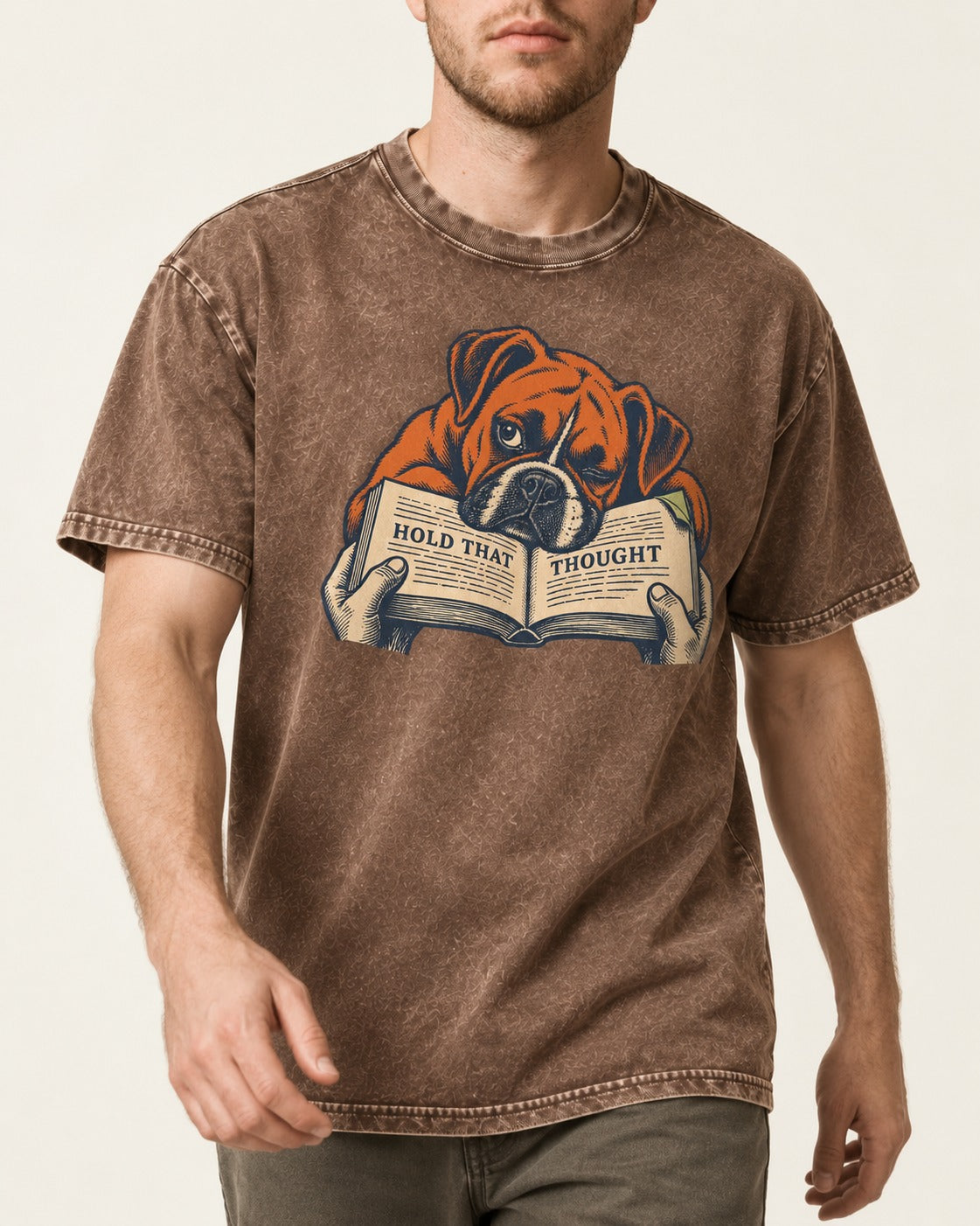 Boxer Hold That Thought Washed Tee in Coffee, worn by a model, front view