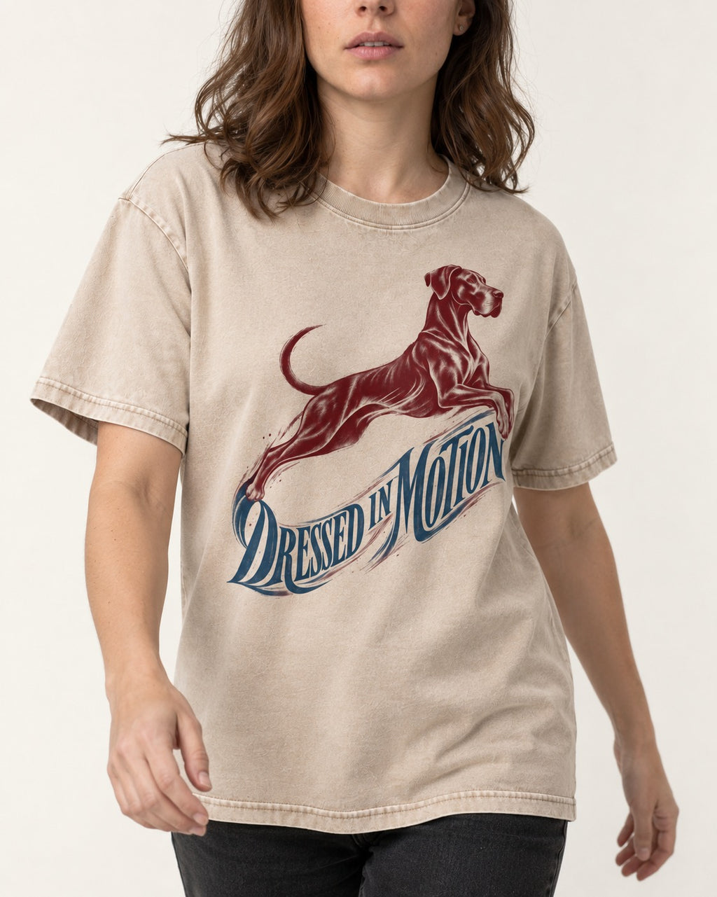 Great Dane Dressed in Motion Washed Tee in Apricot, worn by a model, front view