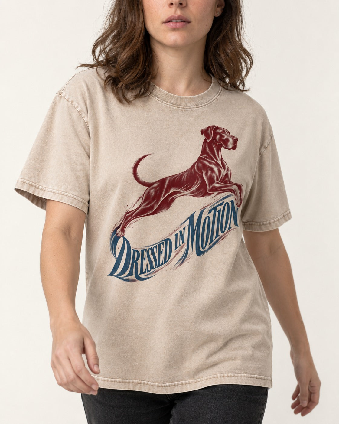 Great Dane Dressed in Motion Washed Tee in Apricot, worn by a model, front view