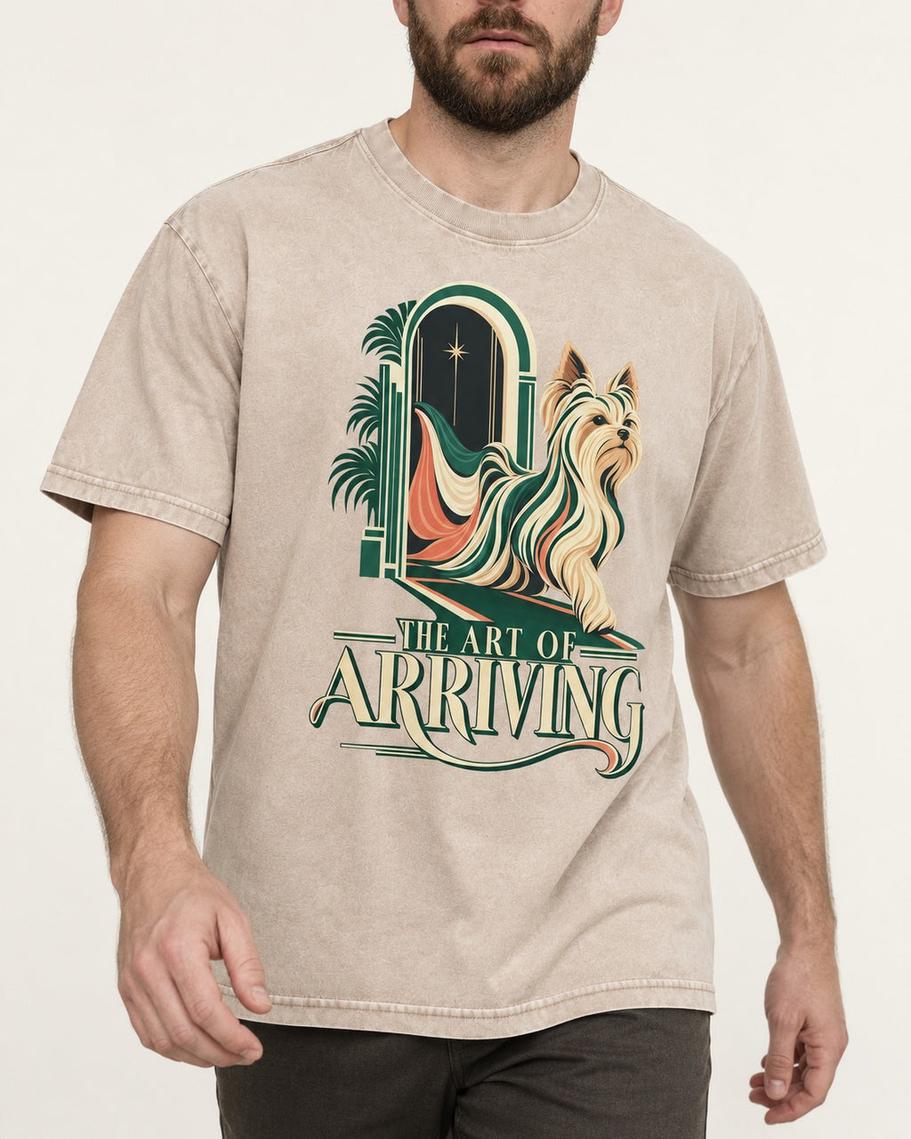 Yorkshire Terrier Arriving Washed Tee in Apricot, worn by a model, front view