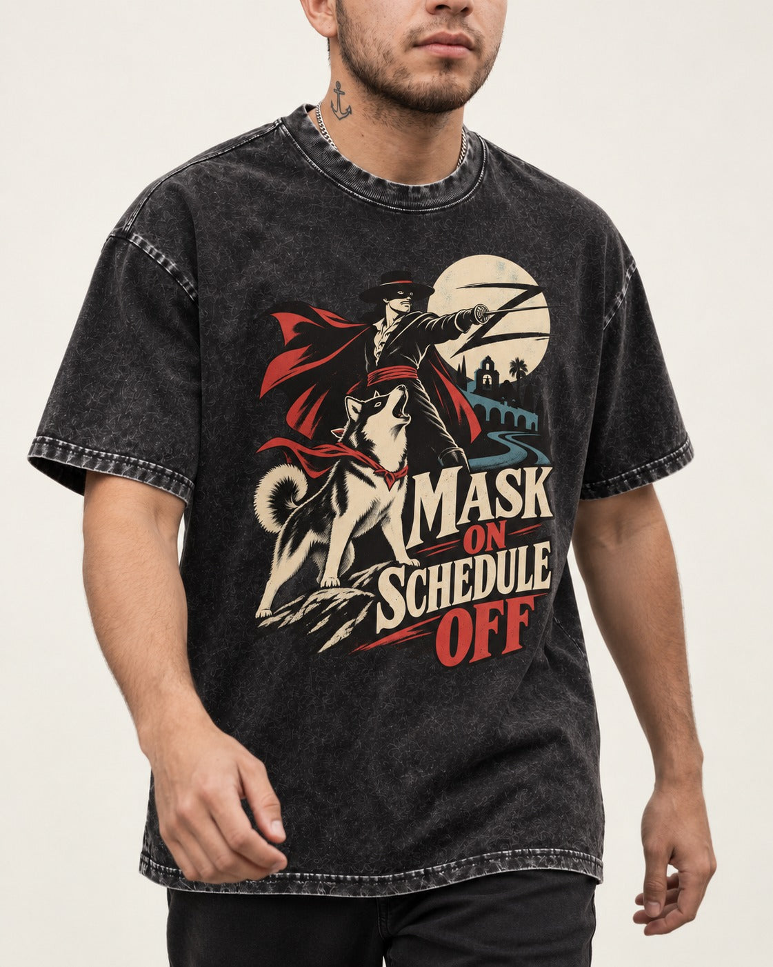 Husky Mask On Schedule Off Masked Swordsman Graphic Washed Tee in Black, worn by a model, front view