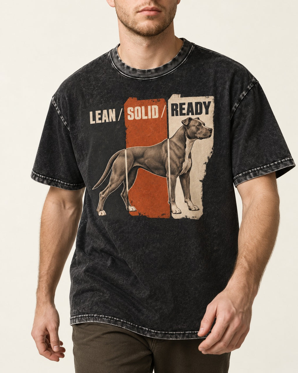 Pitbull Lean Solid Ready Triptych Graphic Washed Tee in Black, worn by a model, front view