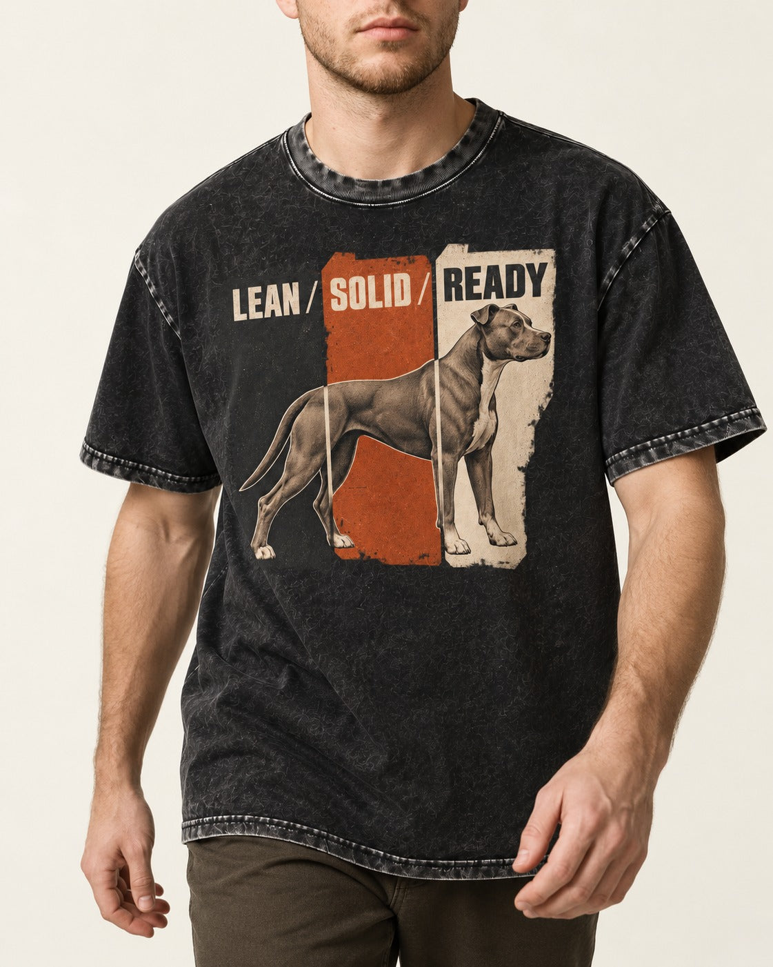 Pitbull Lean Solid Ready Triptych Graphic Washed Tee in Black, worn by a model, front view
