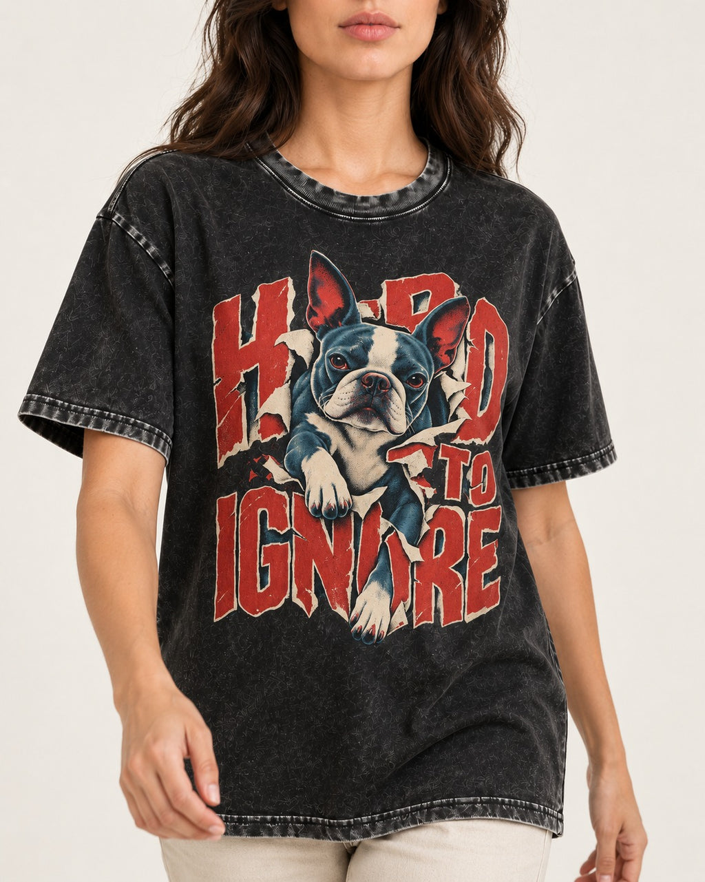 Hard to Ignore Boston Terrier Graphic Washed Tee in Black, worn by a model, front view