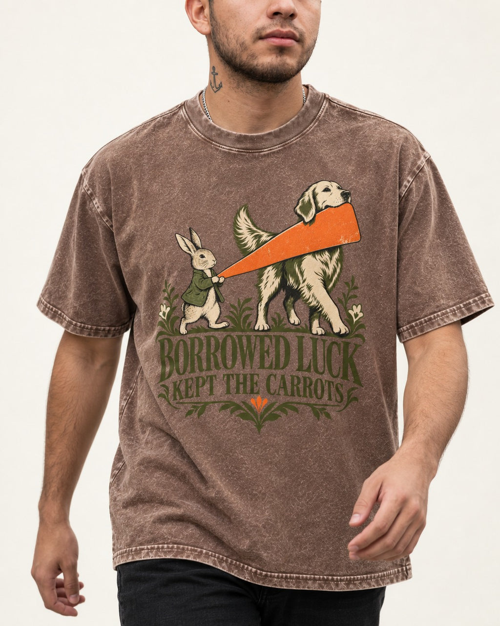 Borrowed Luck Golden Retriever Washed Tee in Coffee, worn by a model, front view