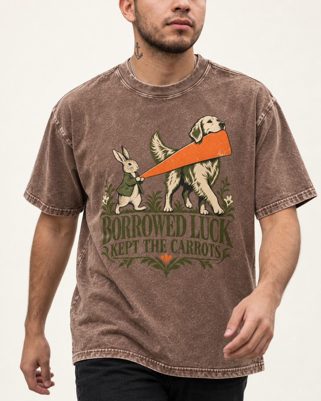Borrowed Luck Golden Retriever Washed Tee in Coffee, worn by a model, front view