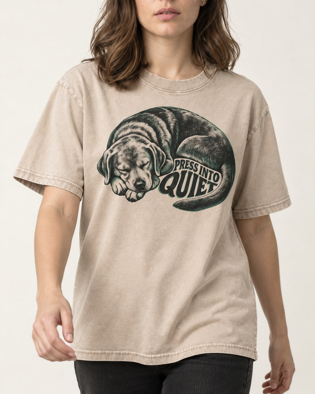Labrador Retriever Press Into Quiet Washed Tee in Apricot, worn by a model, front view