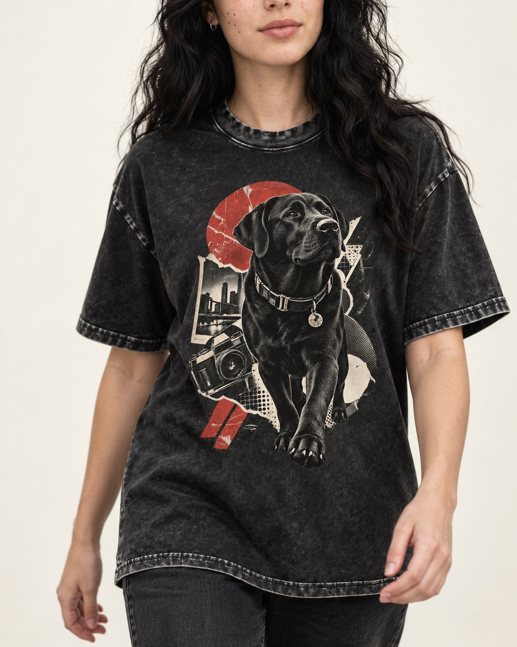 Labrador Retriever Camera City Halftone Collage Graphic Washed Tee in Black, worn by a model, front view