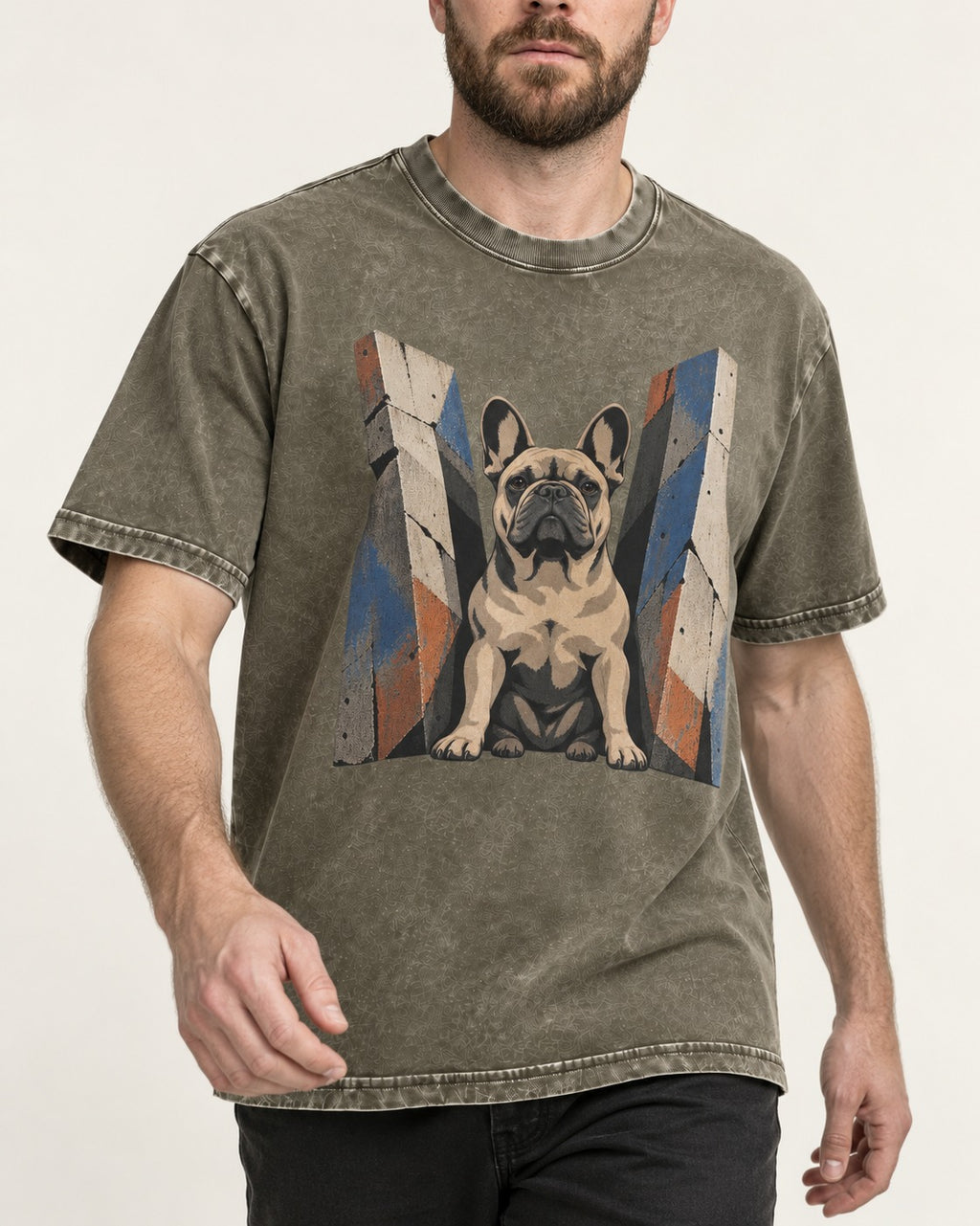 Frenchie Concrete Diplomat Barrier Portrait Washed Tee in Army Green, worn by a model, front view