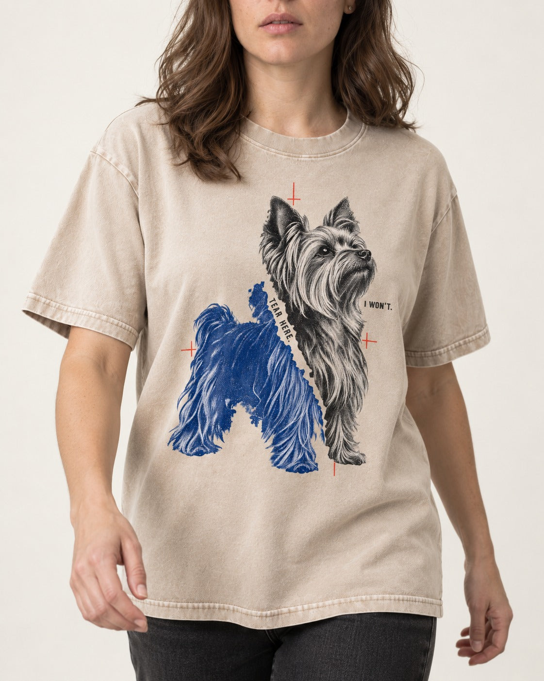 Yorkshire Terrier I Won't Tear Here Washed Tee in Apricot, worn by a model, front view