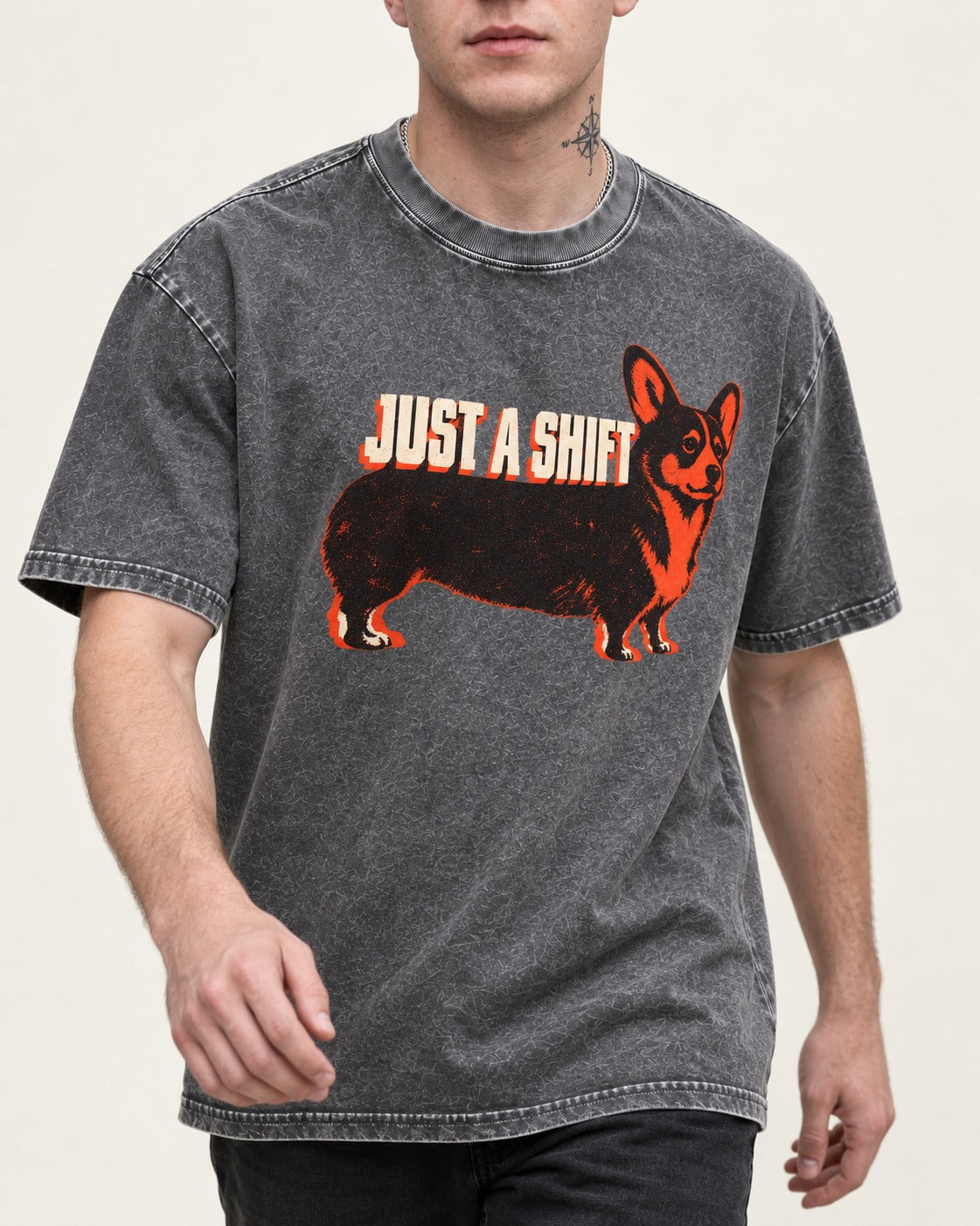 Corgi Just a Shift Typographic Graphic Washed Tee in Gray, worn by a model, front view