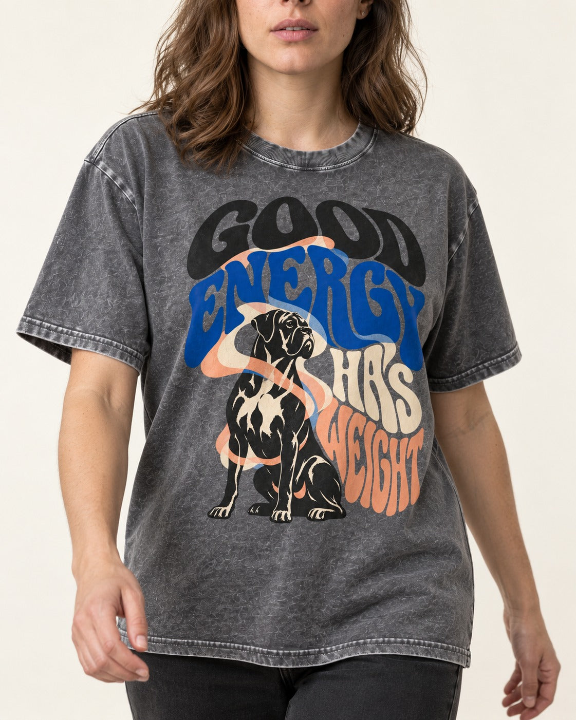 Good Energy Has Weight Boxer Retro Typography Washed Tee in Gray, worn by a model, front view