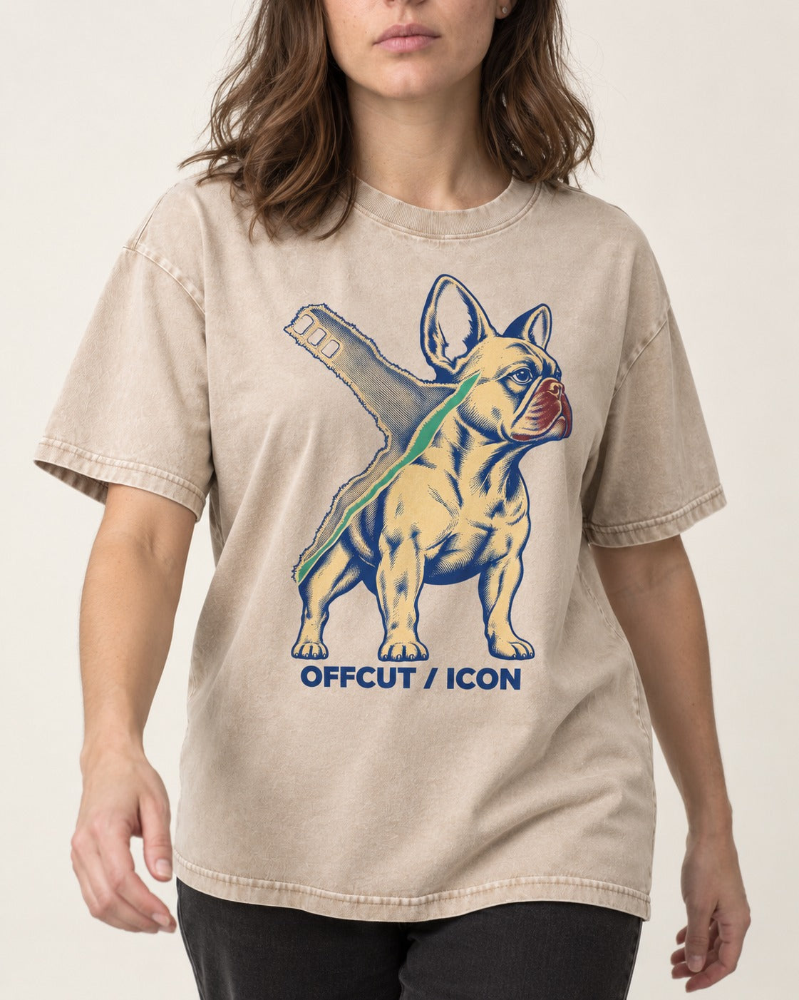Offcut Frenchie Icon Washed Tee in Apricot, worn by a model, front view