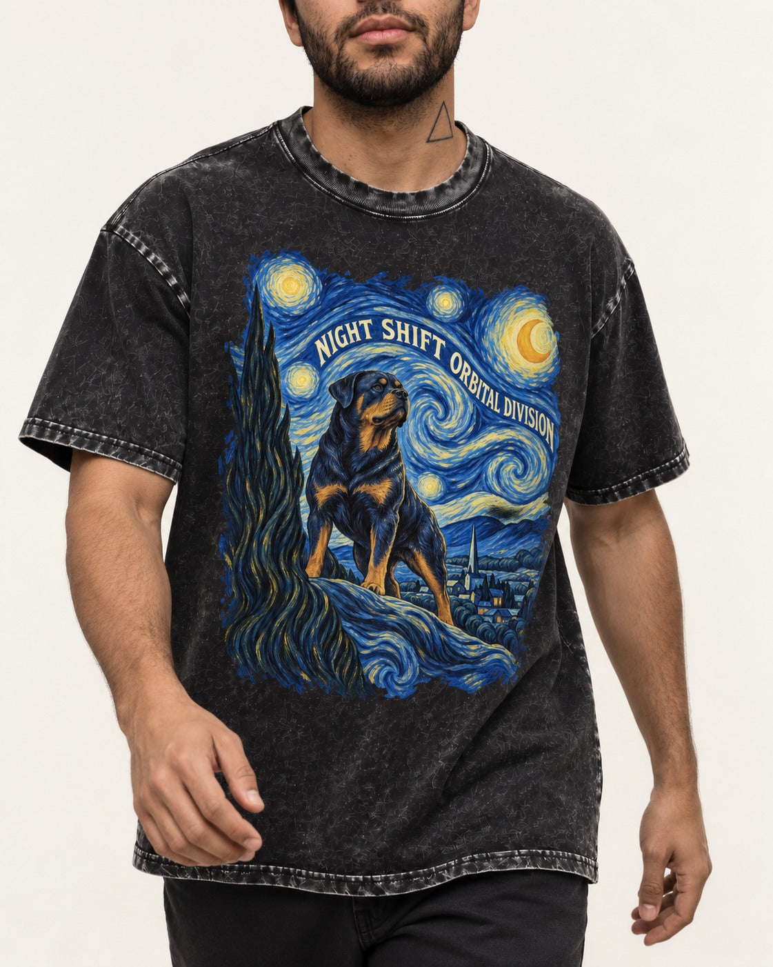 Rottweiler Night Shift Orbital Division Starry Night Graphic Washed Tee in Black, worn by a model, front view