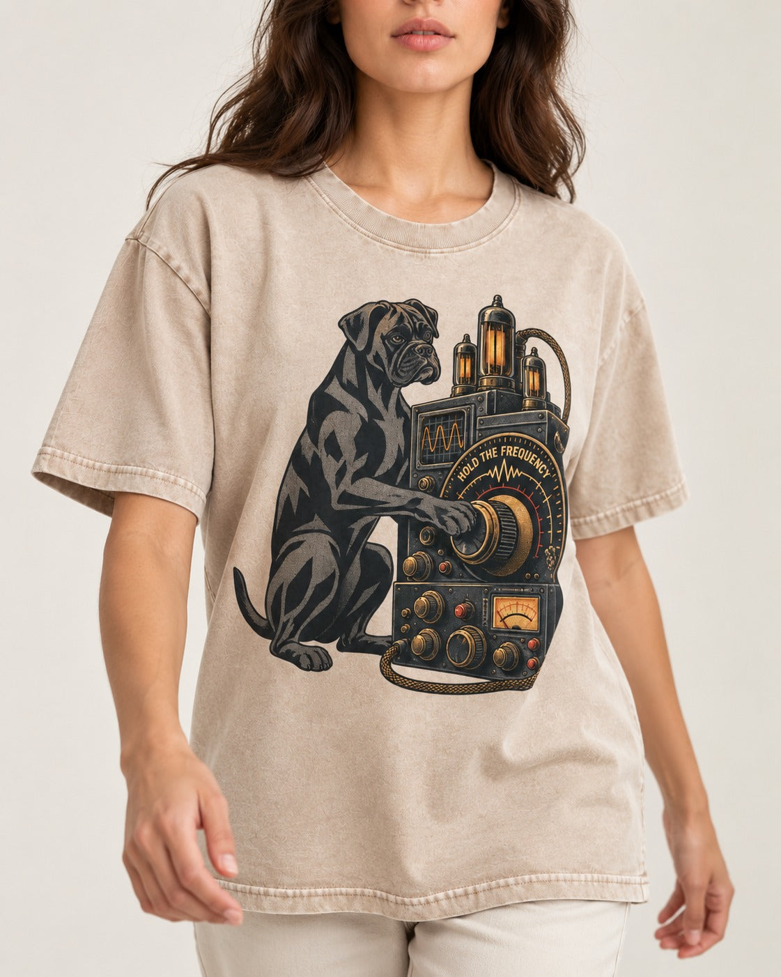 Hold the Boxer Frequency Washed Tee in Apricot, worn by a model, front view