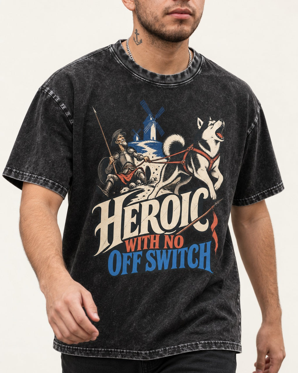 Husky Heroic with No Off Switch Don Quixote Graphic Washed Tee in Black, worn by a model, front view