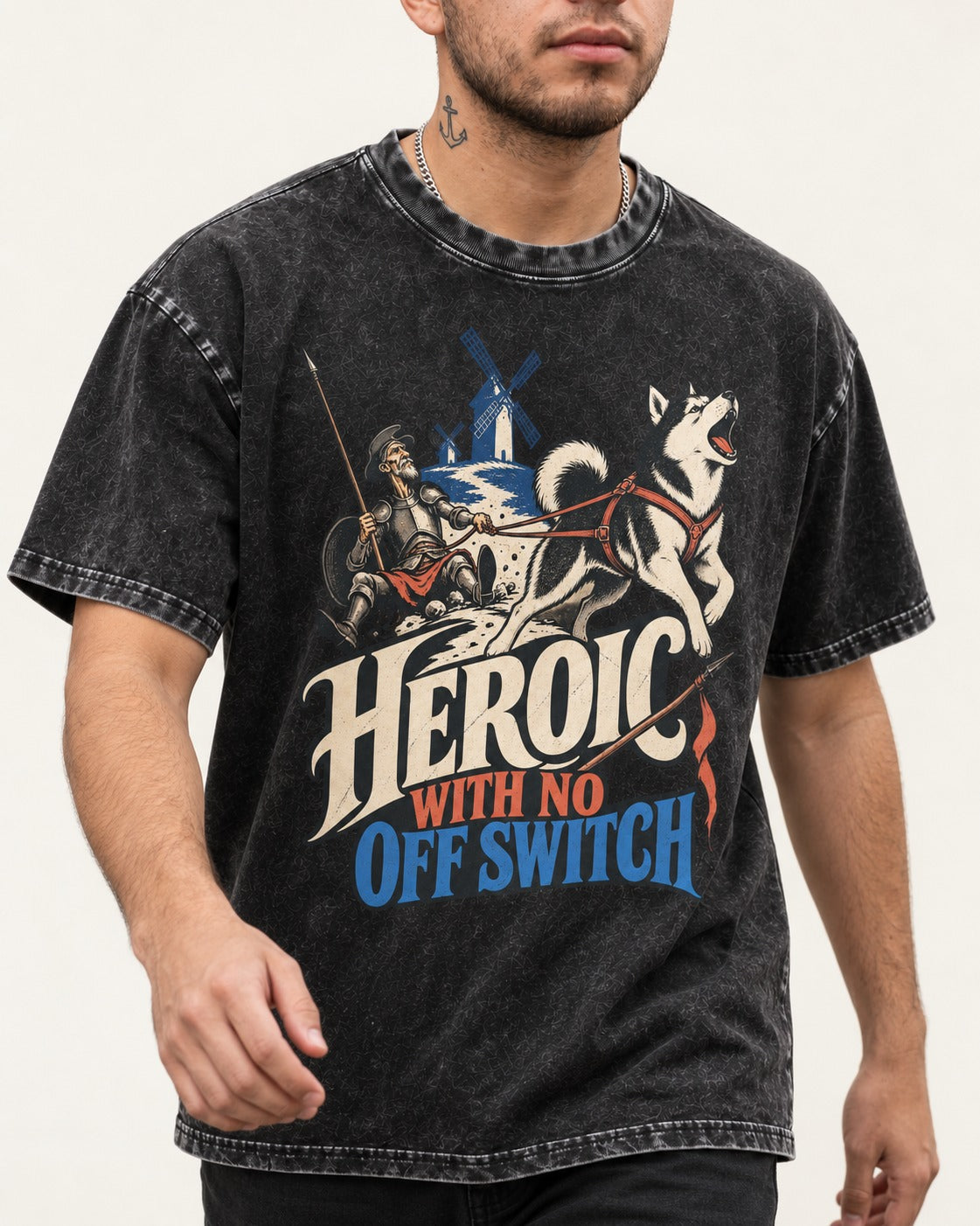 Husky Heroic with No Off Switch Don Quixote Graphic Washed Tee in Black, worn by a model, front view