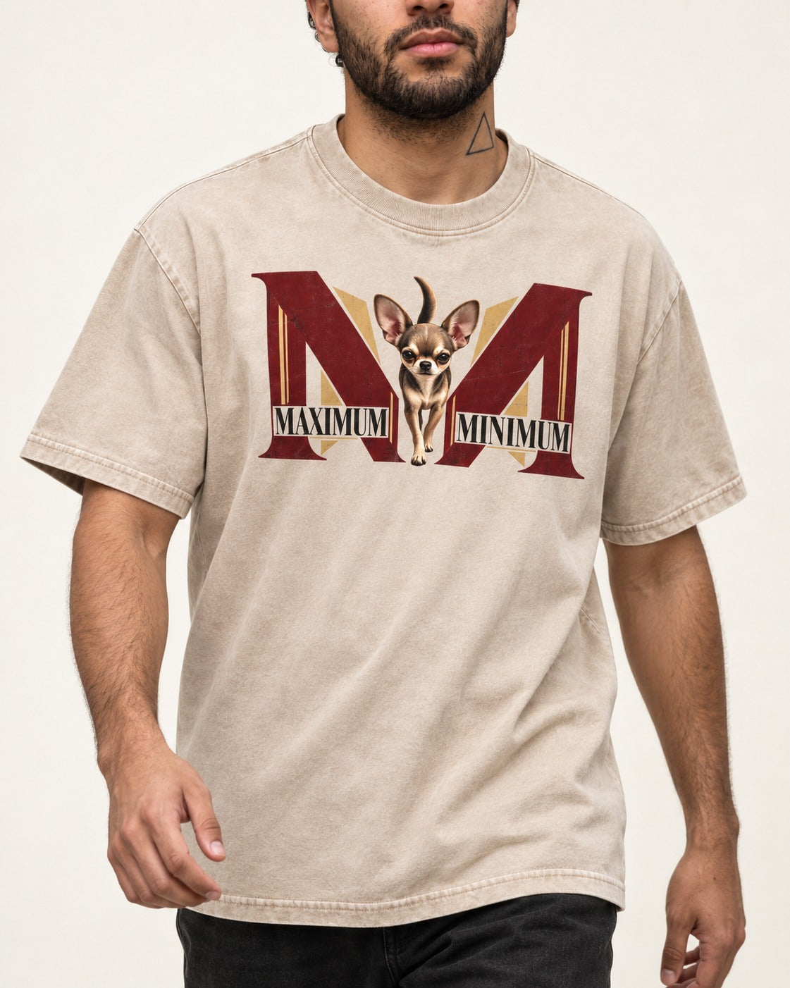 Maximum Minimum Chihuahua Washed Tee in Apricot, worn by a model, front view