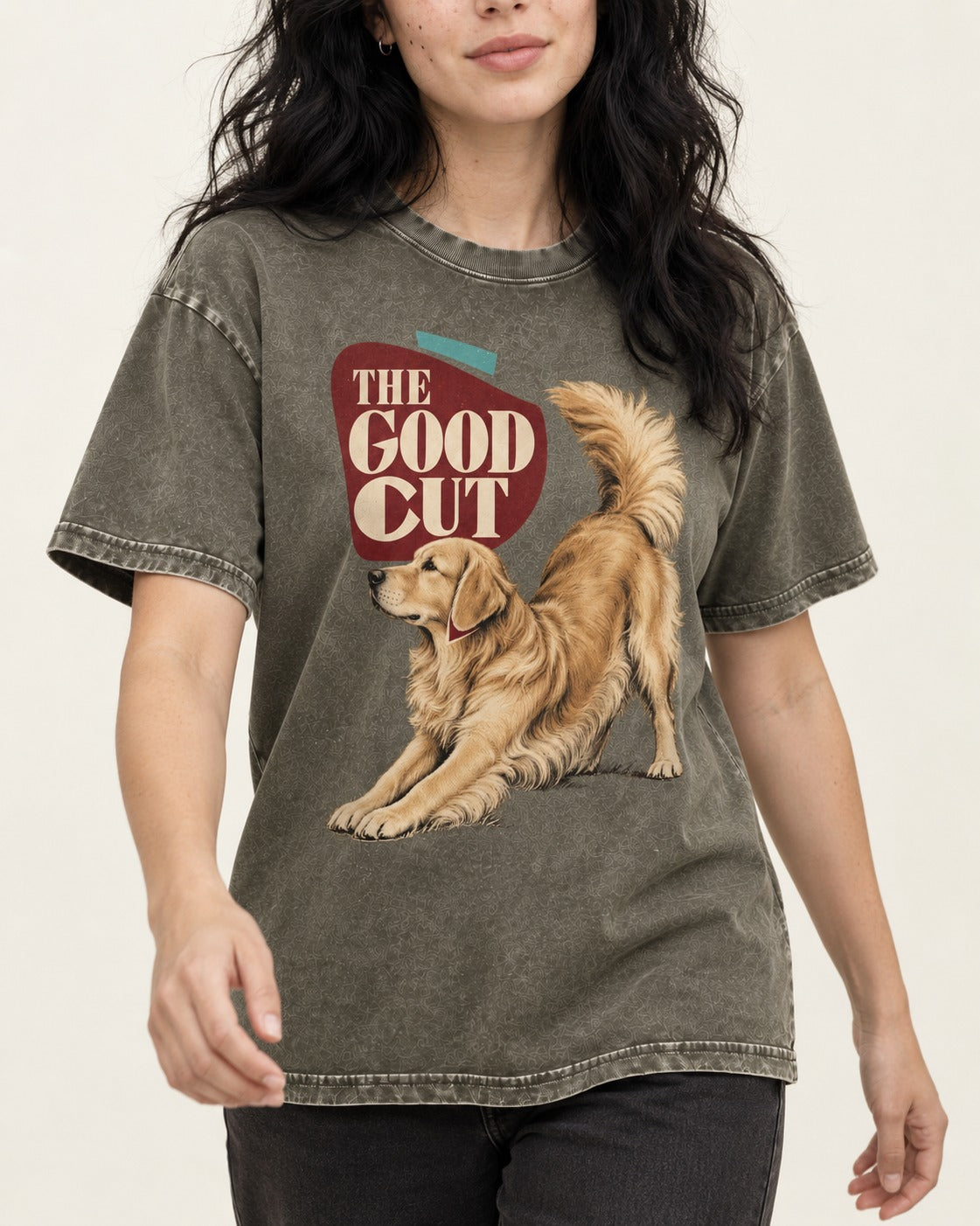 Golden Retriever The Good Cut Play Bow Graphic Washed Tee in Army Green, worn by a model, front view
