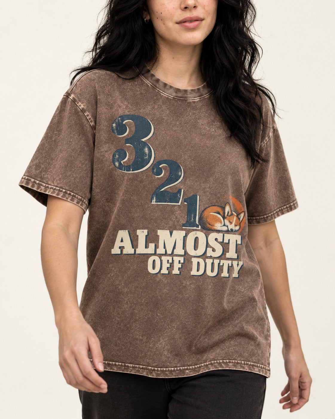 Corgi Almost Off Duty Washed Tee in Coffee, worn by a model, front view