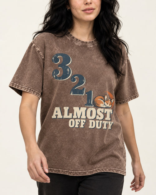 Almost Off Duty Corgi Washed Tee in Coffee, worn by a model, front view