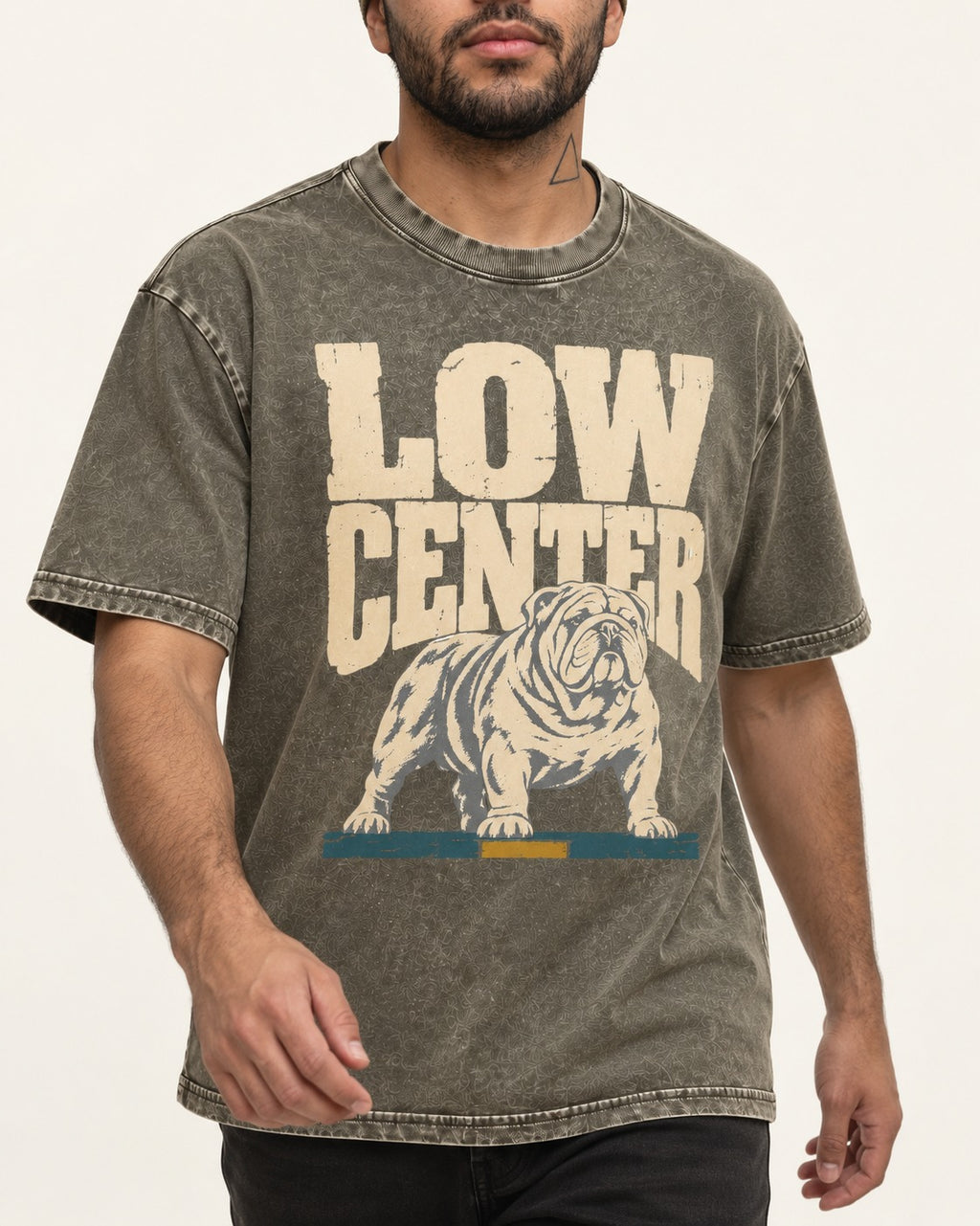 English Bulldog Low Center Stance Graphic Washed Tee in Army Green, worn by a model, front view